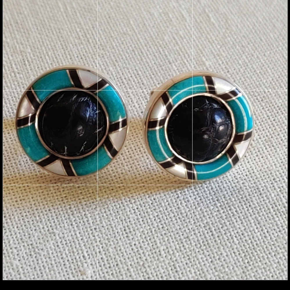Vintage STERLING artisan made onyx and turquoise cuff links